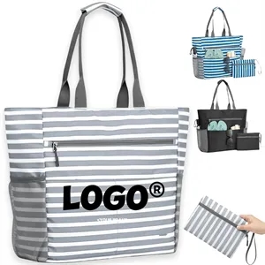 Large Waterproof Beach Tote Bag With Zipper Pouch Pockets