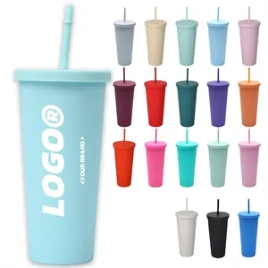 Colorful 24 oz Matte Reusable Plastic Cup with Straw Lid