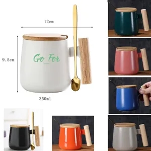 12 Oz Ceramic Coffee Mug with Wooden Lid and Gold Spoon