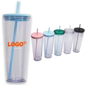 Stock 25oz. Reusable Double Wall Plastic Tumbler with Straw