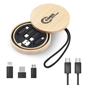 Round Bamboo Multi USB Charging Adapter Cable Kit