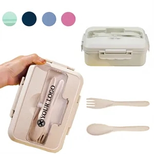 50MOQ Large  Wheat Straw Lunch Box With Fork Spoon
