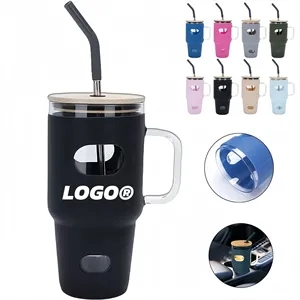 32oz Glass Straw Tumbler With Silicone Sleeve And Bamboo Lid