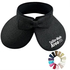 Straw Visor Sun Hat UV Protection Bow Tie Topless Black Cap