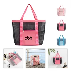 Large Mesh Beach Tote Bag With Pockets & Cup Holders