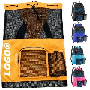 Mesh Drawstring Backpack With Front Pocket For Beach Gym