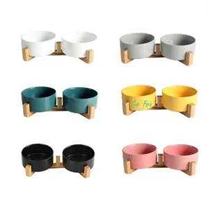 Ceramic Dog and Cat Bowl with Wood Stand Non-Slip