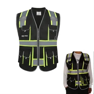 10 Pockets Hi-Vis Zipper Front Black Safety Vest