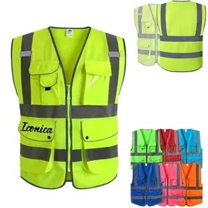 9 Pockets Class 2 High Visibility Zipper Front Safety Ves