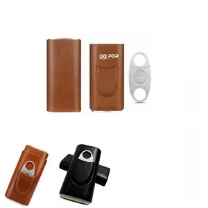 Leather Cigar Case With Silver Stainless Steel Cutter