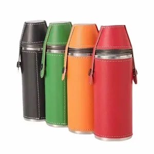 8Oz. Bucket Hip  PU Leather Flasks W/ Funnel and Cups