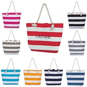 Striped Canvas Beach Tote  Bag With Zipper