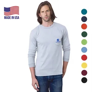 100% Cotton USA-Made Heavyweight Long Sleeve Pocket Crew Tee