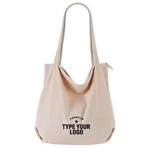 Corduroy Zipper Tote Bag with Pockets
