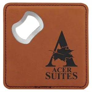 4"x4" Square Rawhide Leatherette Coaster w/ Bottle Opener
