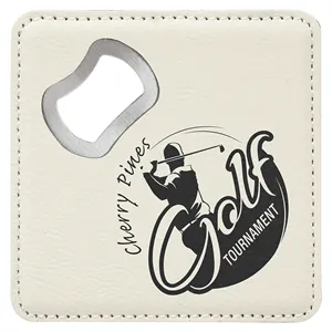 4"x4" Square White Leatherette Coaster w/ Bottle Opener