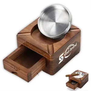 Wooden Square Cigar Ashtray with Drawer and Accessories