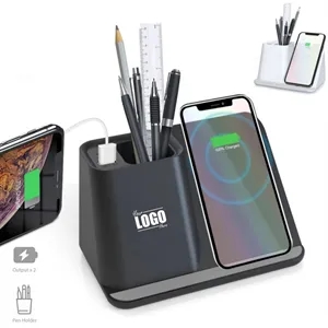 Multi-Function Dual USB Port Wireless Charging Pen Holder