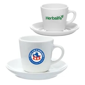 7.5 oz. White Porcelain Latte Mugs with Saucer | https://www.bestnamebadges.com