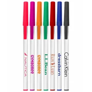 White Stick Pens w/ Colored Caps- Blue Ink
