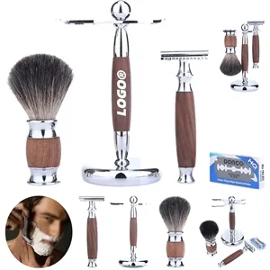 Premium Men Shave Set With Badger Brush Rosewood Razor Stand