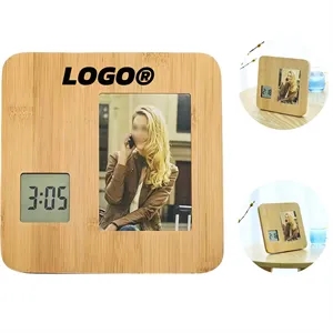Bamboo Digital Clock With Customizable Photo Frame