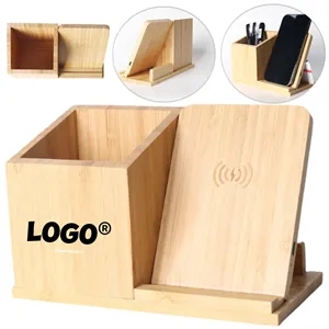 Bamboo Desk Organizer Wireless Charger With Phone Holder