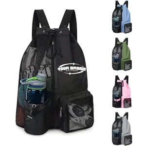 Mesh Drawstring Backpack With Pocket For Gym And Beach