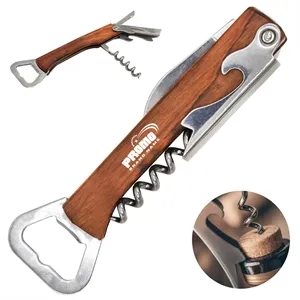 Wood Handle Multi Tool Corkscrew Bottle Opener with Logo | https://www.bestnamebadges.com