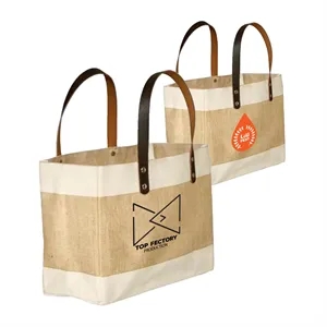 Stylish Laminated Jute & Cotton Tote with Leather Handles | https://www.bestnamebadges.com