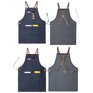 Premium Denim Apron with Cross-back Leather Straps | https://www.bestnamebadges.com