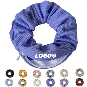 Striped Fabric Zipper Scrunchie Hair Tie With Pocket