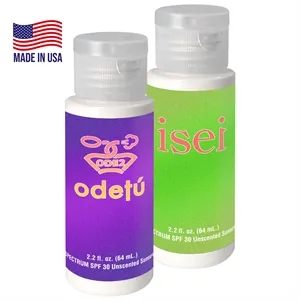 2 oz.of sunscreen in a transparent cylinder bottle. | https://www.bestnamebadges.com