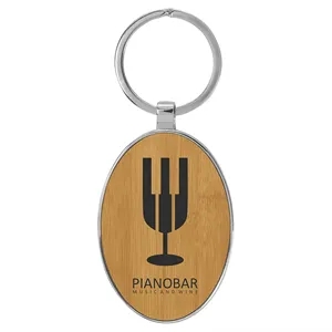 Bamboo Leatherette/Metal Oval Keychain