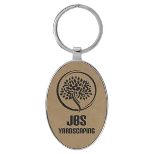 Light Brown Leatherette/Metal Oval Keychain