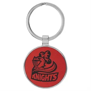 Red Leatherette/Metal Round Keychain