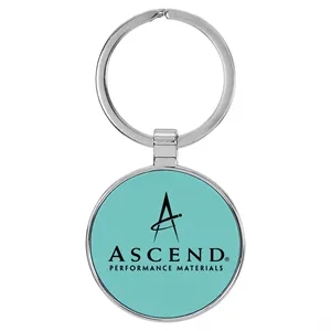 Teal Leatherette/Metal Round Keychain