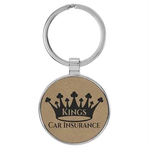 Light Brown Leatherette/Metal Round Keychain