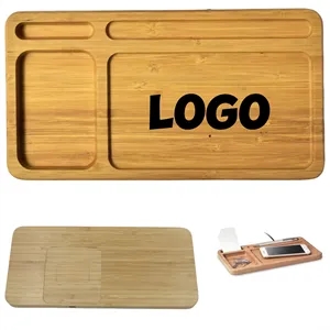 Wireless Charging Bamboo Desk Organizer Tray With Logo