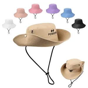 Polyester Cowboy Hat Wide Brim Sun Bucket W/ Chin Strap