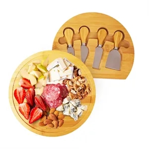 Bamboo Round Cheese Board and 4 Knives Set with Drawer | https://www.bestnamebadges.com