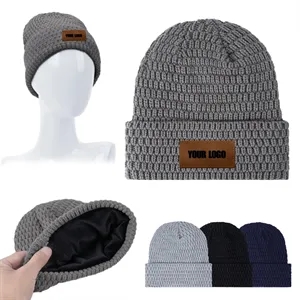 Fleece Lined Cuffed Beanie With Customized Leather Patch