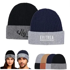 Unisex Custom Logo Two Tone Cuffed Knit Beanie Cap