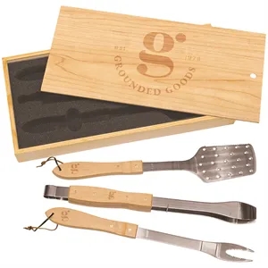 3-Piece BBQ Set in Wooden Pine Box