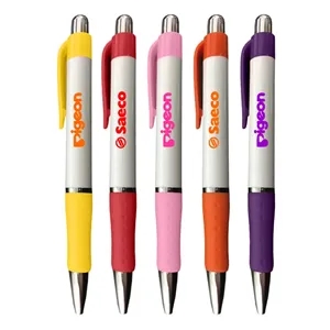Union Printed- Rigid White Barrel Click Pen with Rubber Grip