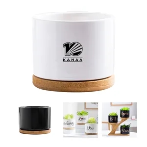 Ceramic Flower Planter Pot with Bamboo Tray