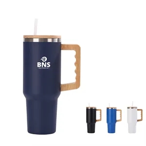40 Oz Wooden-Handled Stainless Steel Insulated Tumbler