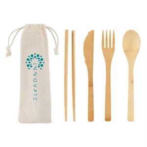 Bamboo Cutlery Set In Cotton Drawstring Pouch