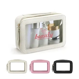 Clear PVC Cosmetic And Toiletry Bag With PU Leather Trim