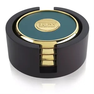 JAFFA® Four Round Coasters with Wood Tray | https://www.bestnamebadges.com